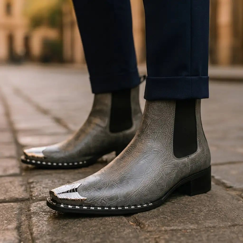Gray Ryder men's metal-toe boots, worn, side view