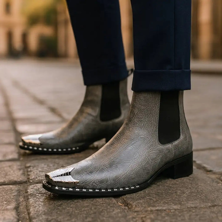 Gray Ryder men's metal-toe boots, worn, side view