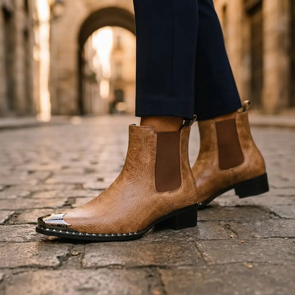 Camel Ryder men's metal-toe boots, worn, side view