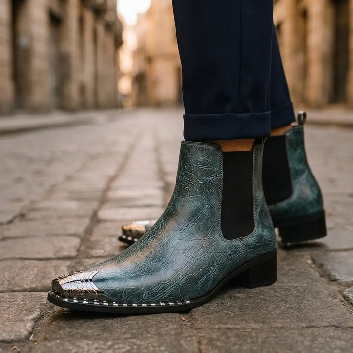 Teal Ryder men's metal-toe boots, worn, side view