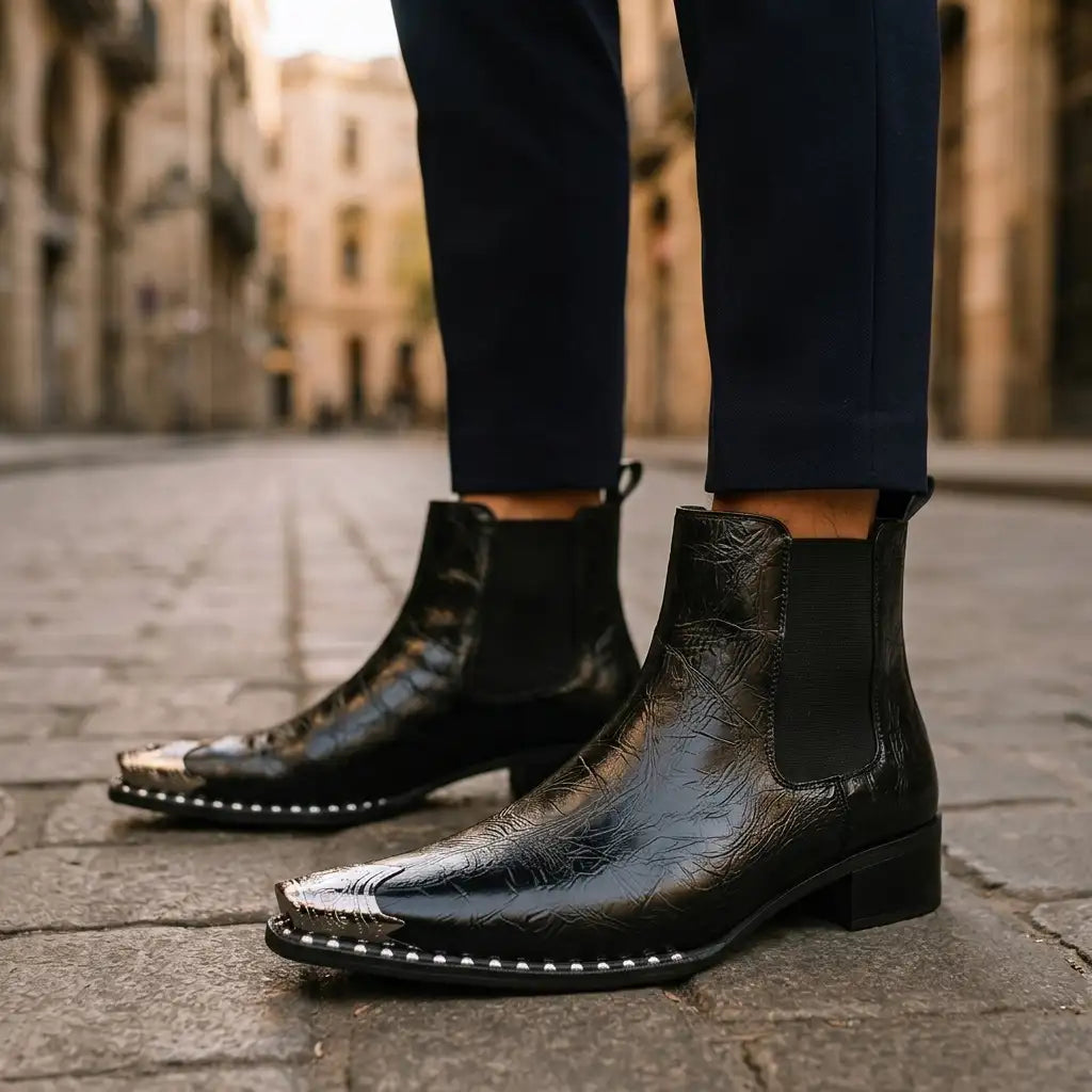 Black Ryder men's metal-toe boots, worn, side view
