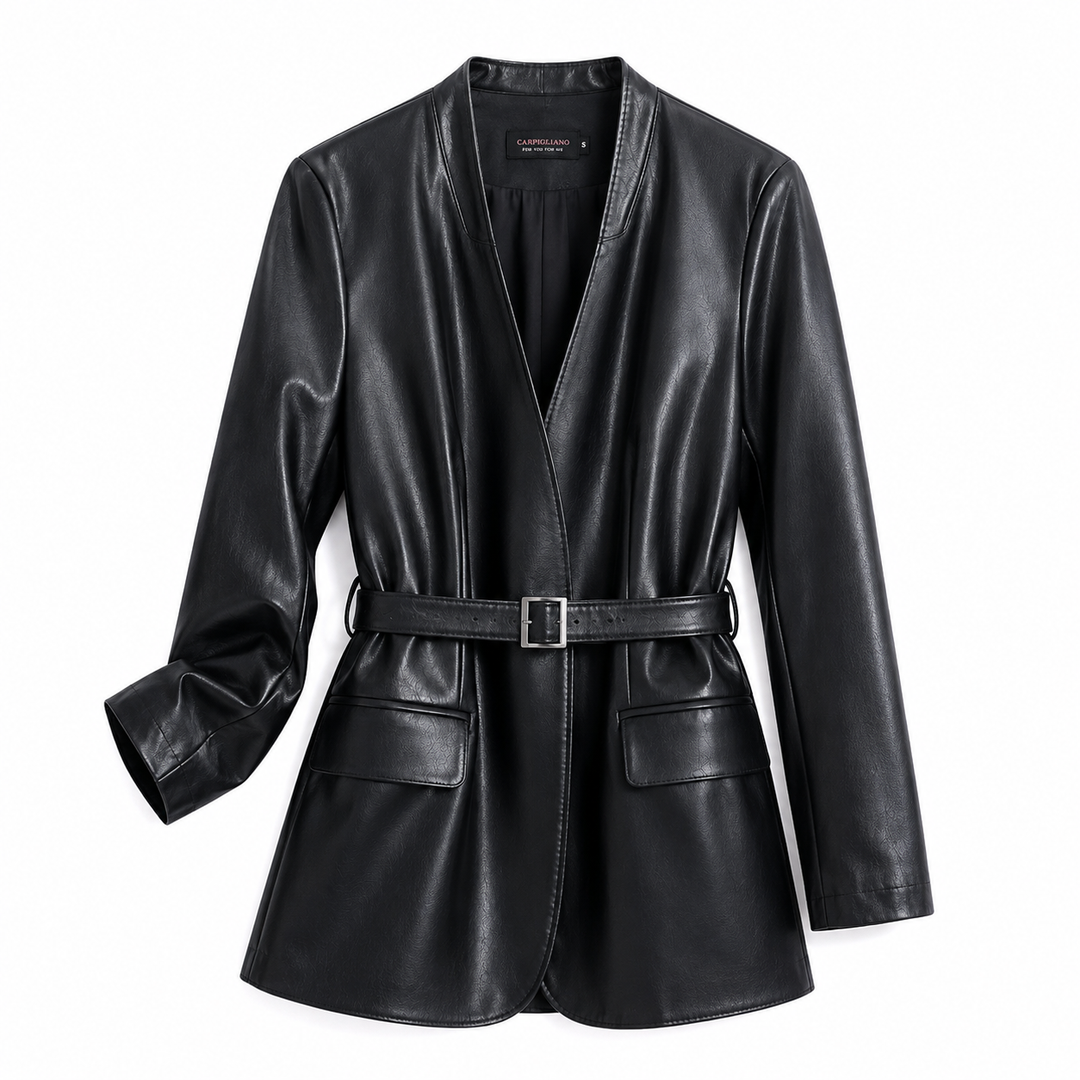 A black leather wrap jacket with a matching waist belt and silver buckle, displayed on a clean white background.