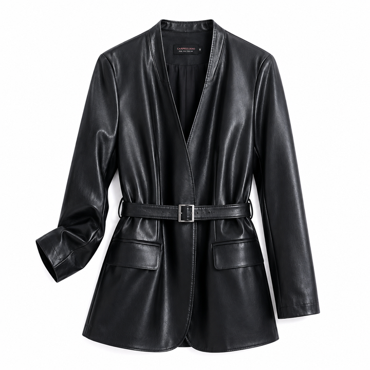 A black leather wrap jacket with a matching waist belt and silver buckle, displayed on a clean white background.