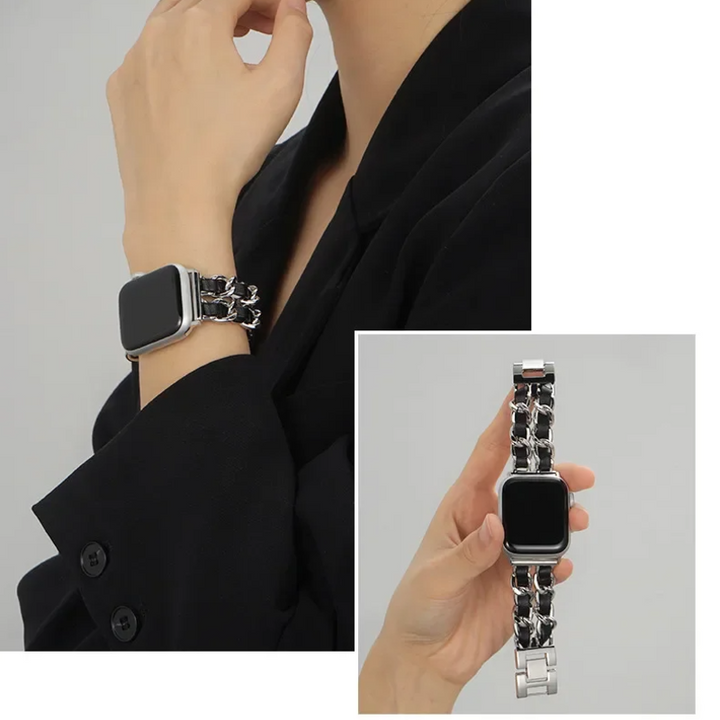 Smartwatch with a decorative metal band worn on a wrist, with a close-up inset showing the band details.