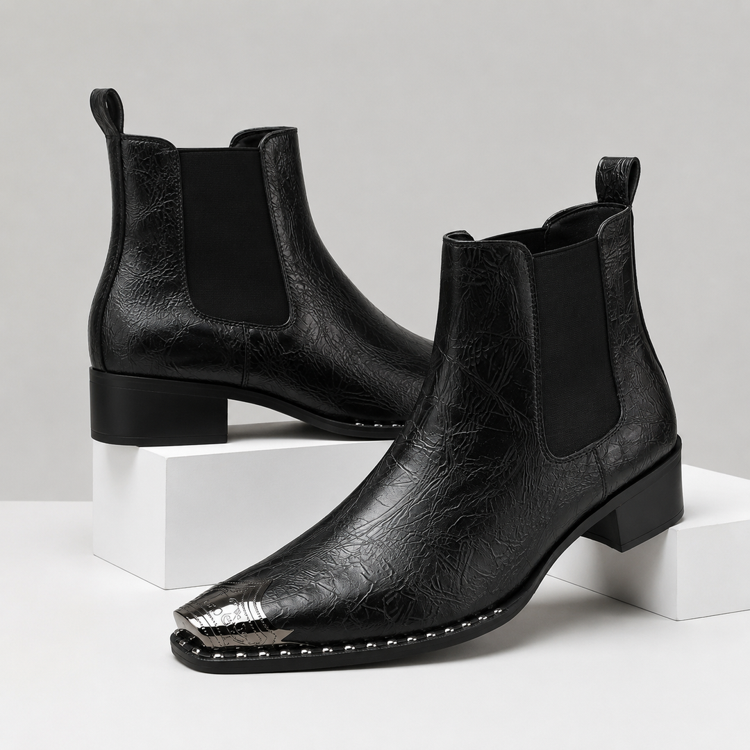 Black Ryder men's metal-toe boots, pair, angled view