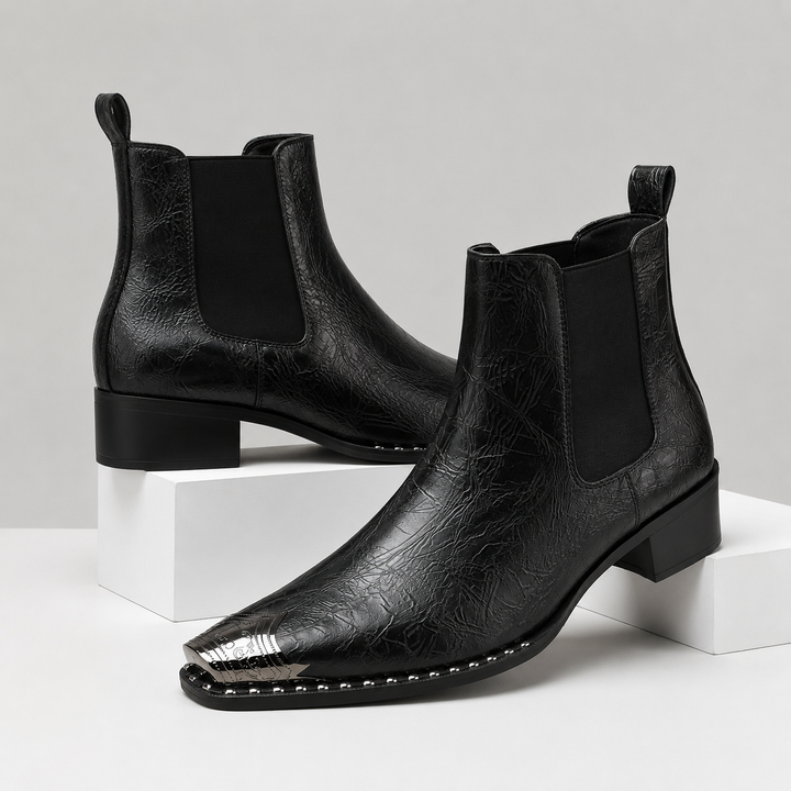 Black Ryder men's metal-toe boots, pair, angled view