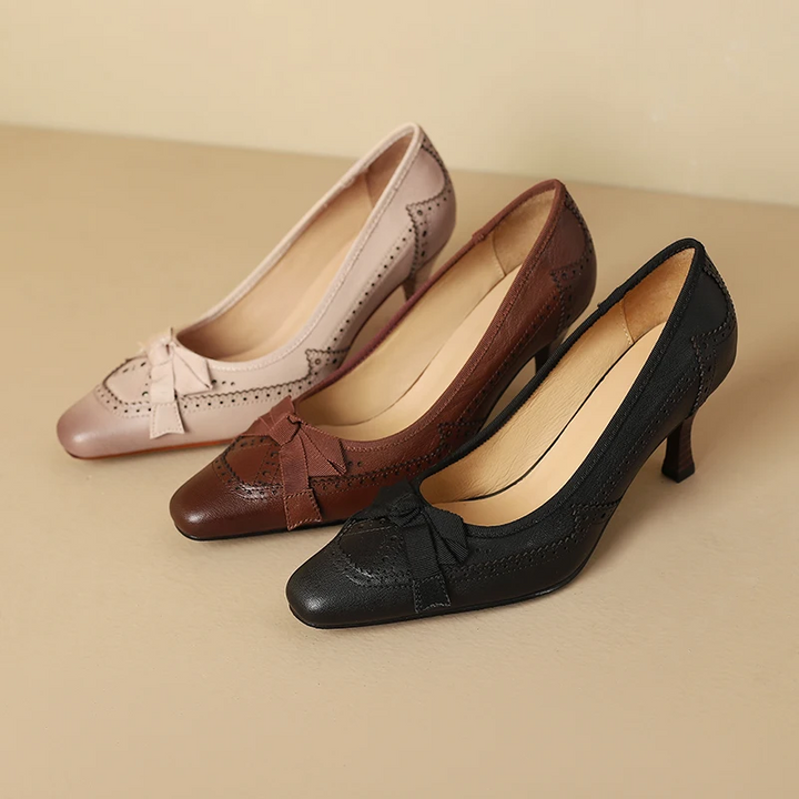 Square Toe Vintage Leather Bowknot Heels - London Lake