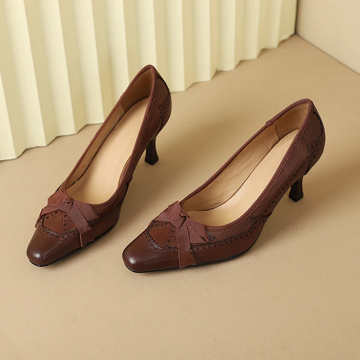 Square Toe Vintage Leather Bowknot Heels - London Lake