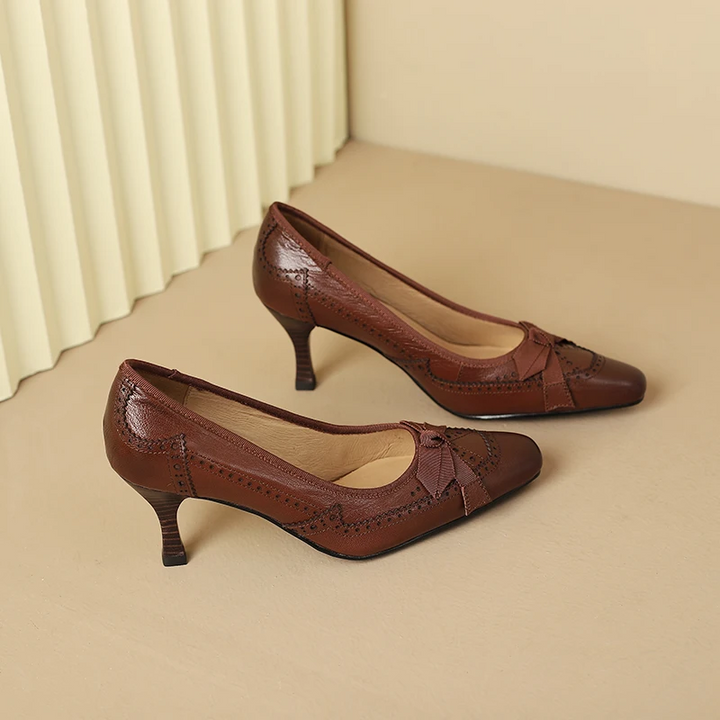 Square Toe Vintage Leather Bowknot Heels - London Lake
