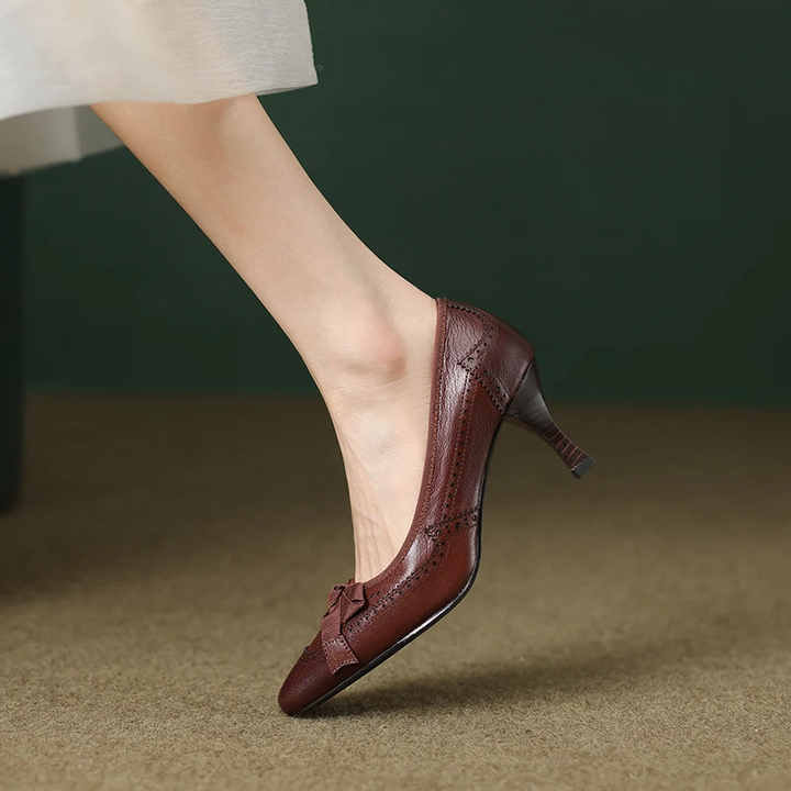 Square Toe Vintage Leather Bowknot Heels - London Lake