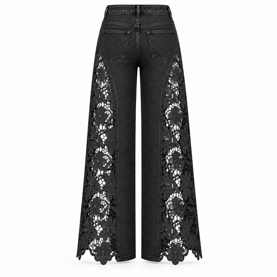 Black wide-leg jeans with intricate floral lace panels running down the outer sides of the legs, shown from the back on a white background.