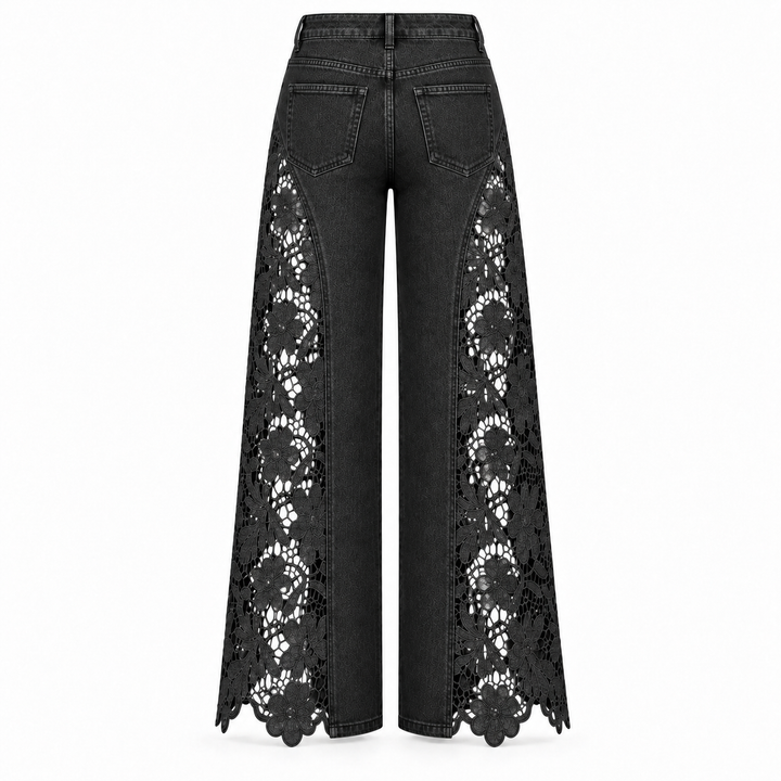 Black wide-leg jeans with intricate floral lace panels running down the outer sides of the legs, shown from the back on a white background.