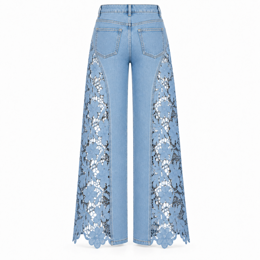 Light blue wide-leg denim jeans with intricate white and black floral lace panels down the front of the legs, shown from the back on a white background.