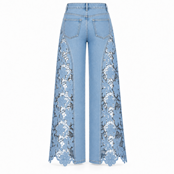 Light blue wide-leg denim jeans with intricate white and black floral lace panels down the front of the legs, shown from the back on a white background.