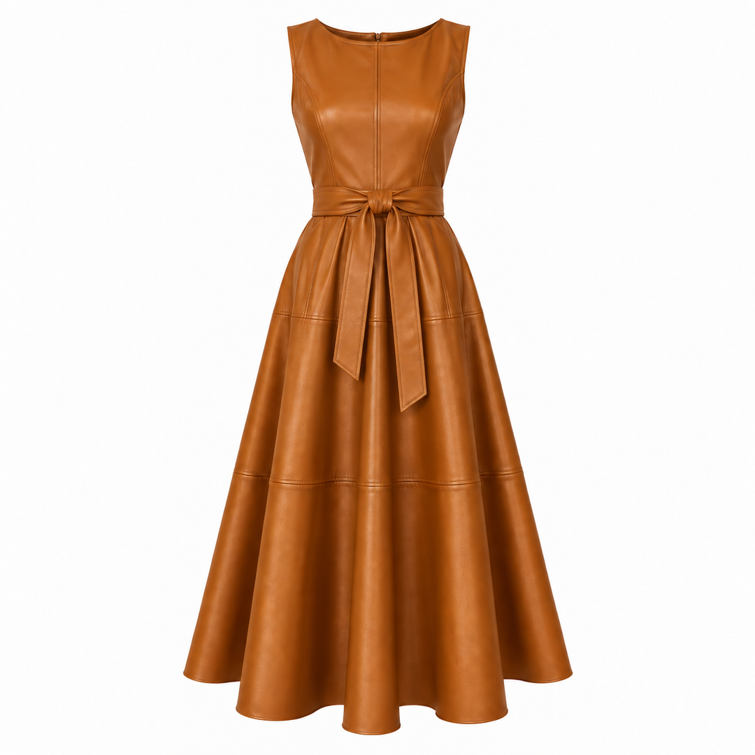 Delphine Belted Faux Leather Midi Dress