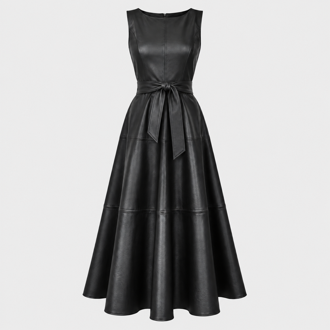 Delphine Belted Faux Leather Midi Dress