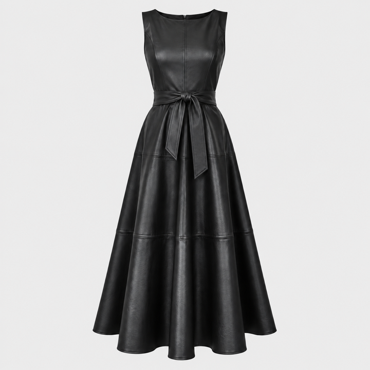 Delphine Belted Faux Leather Midi Dress