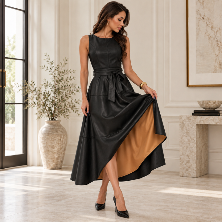 Delphine Belted Faux Leather Midi Dress