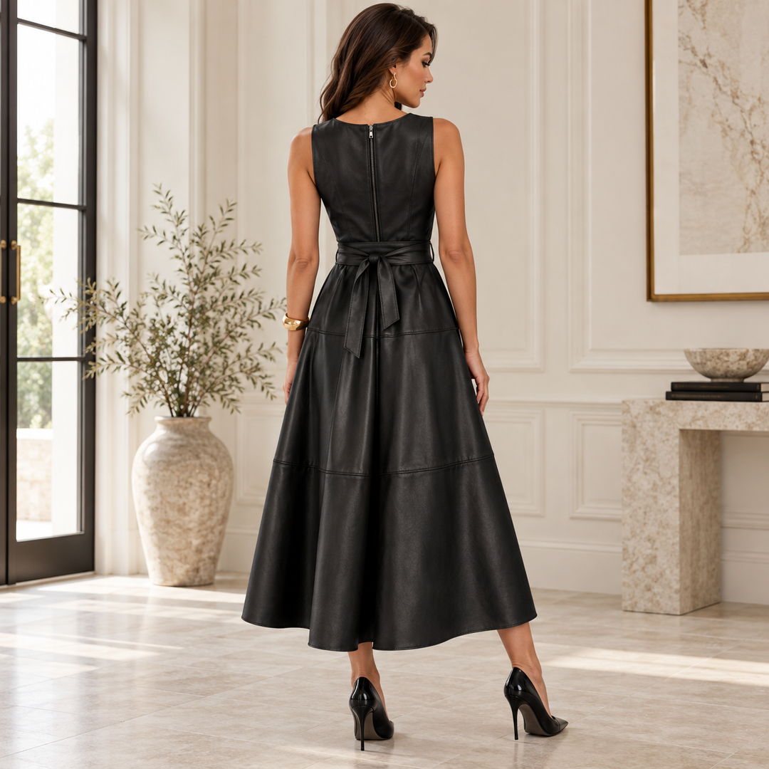Delphine Belted Faux Leather Midi Dress