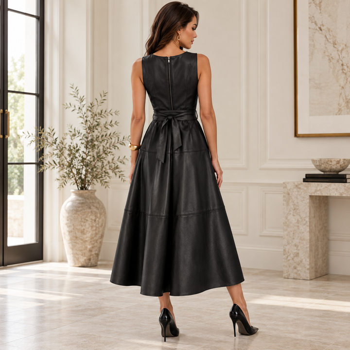 Delphine Belted Faux Leather Midi Dress
