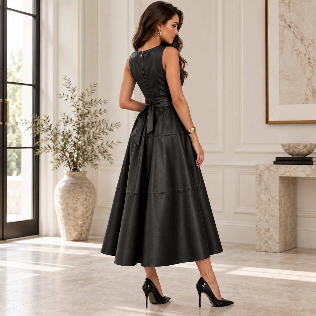 Delphine Belted Faux Leather Midi Dress