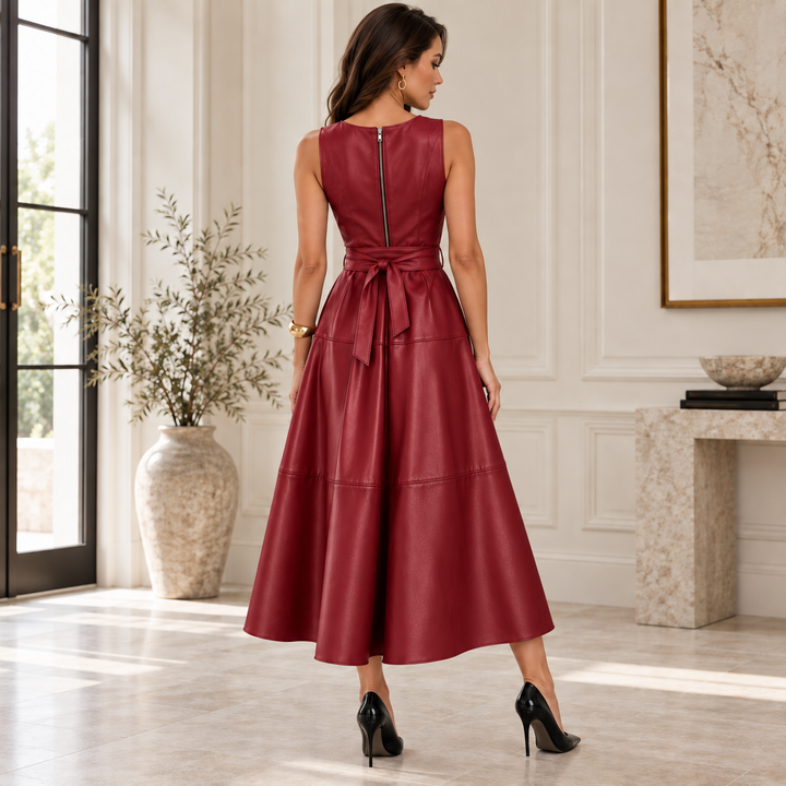 Delphine Belted Faux Leather Midi Dress
