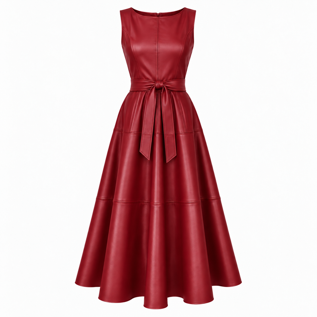 Delphine Belted Faux Leather Midi Dress