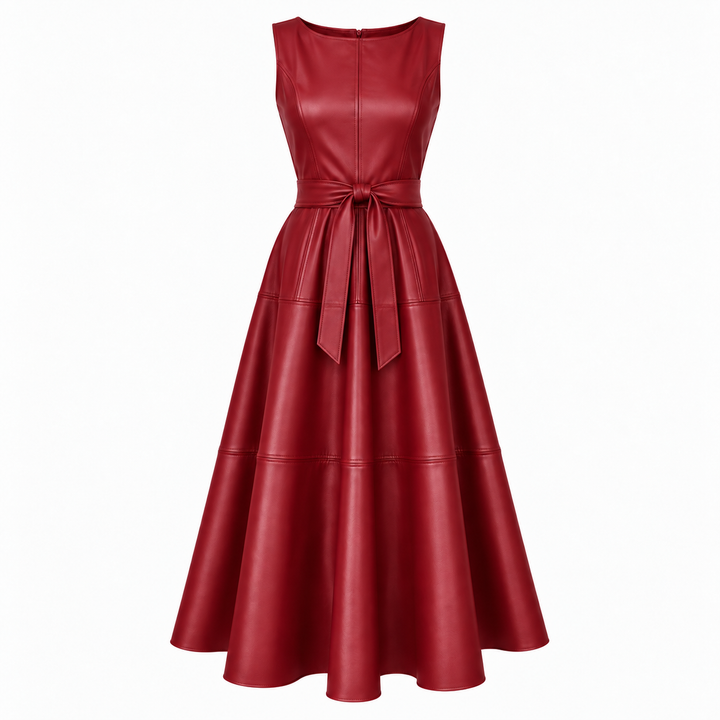 Delphine Belted Faux Leather Midi Dress