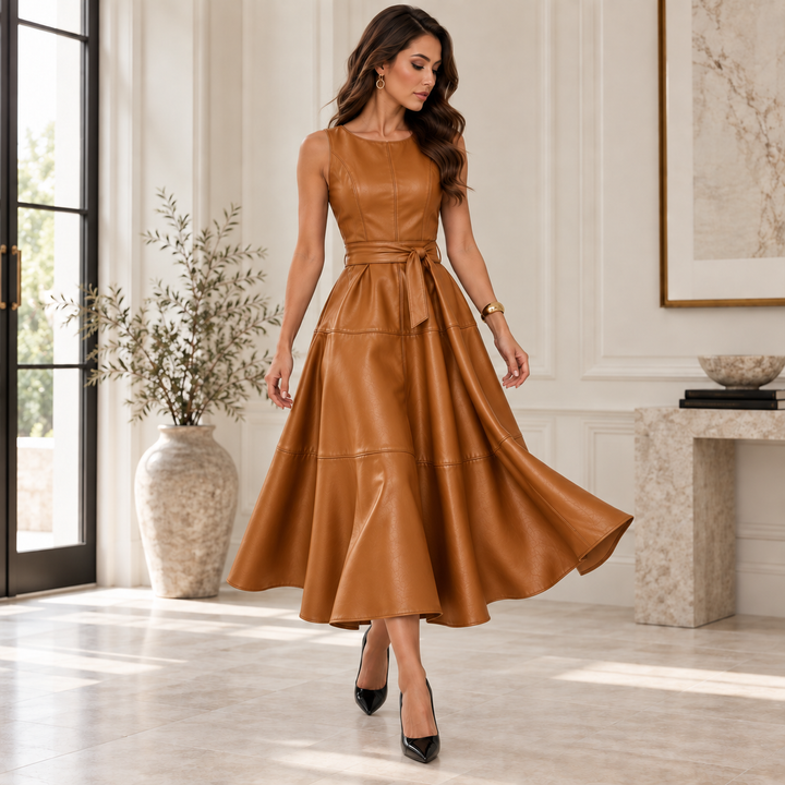 Delphine Belted Faux Leather Midi Dress
