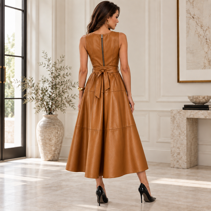 Delphine Belted Faux Leather Midi Dress