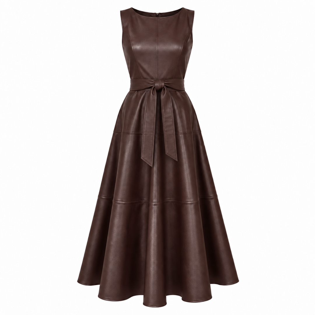 Delphine Belted Faux Leather Midi Dress