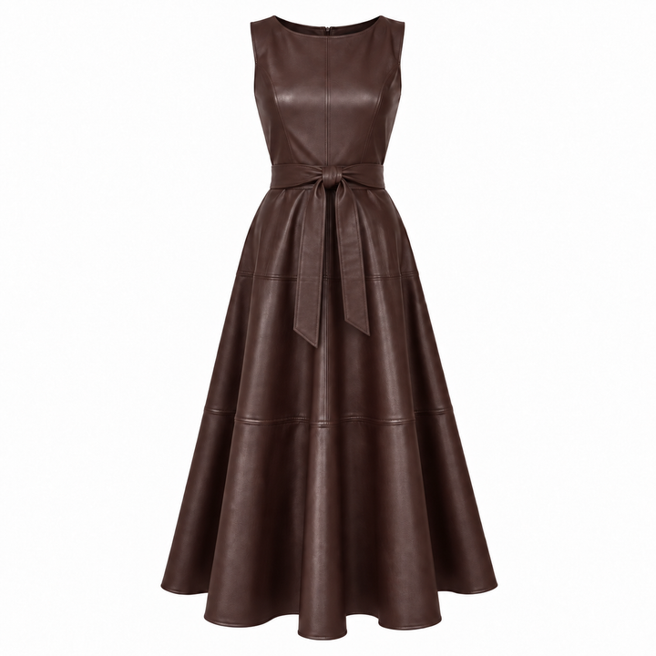 Delphine Belted Faux Leather Midi Dress
