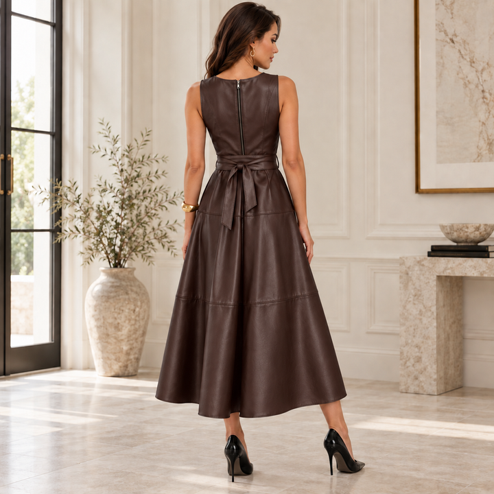 Delphine Belted Faux Leather Midi Dress