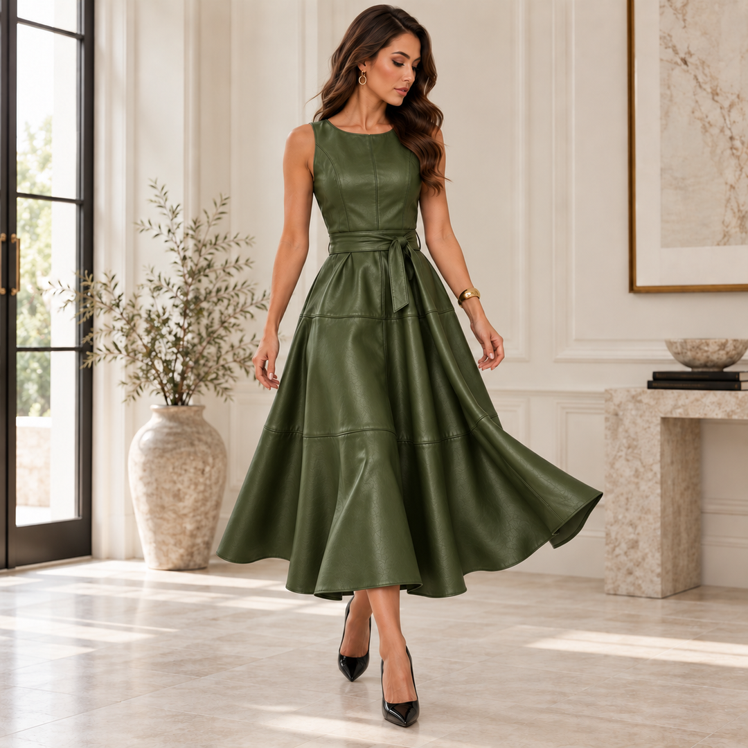 Delphine Belted Faux Leather Midi Dress