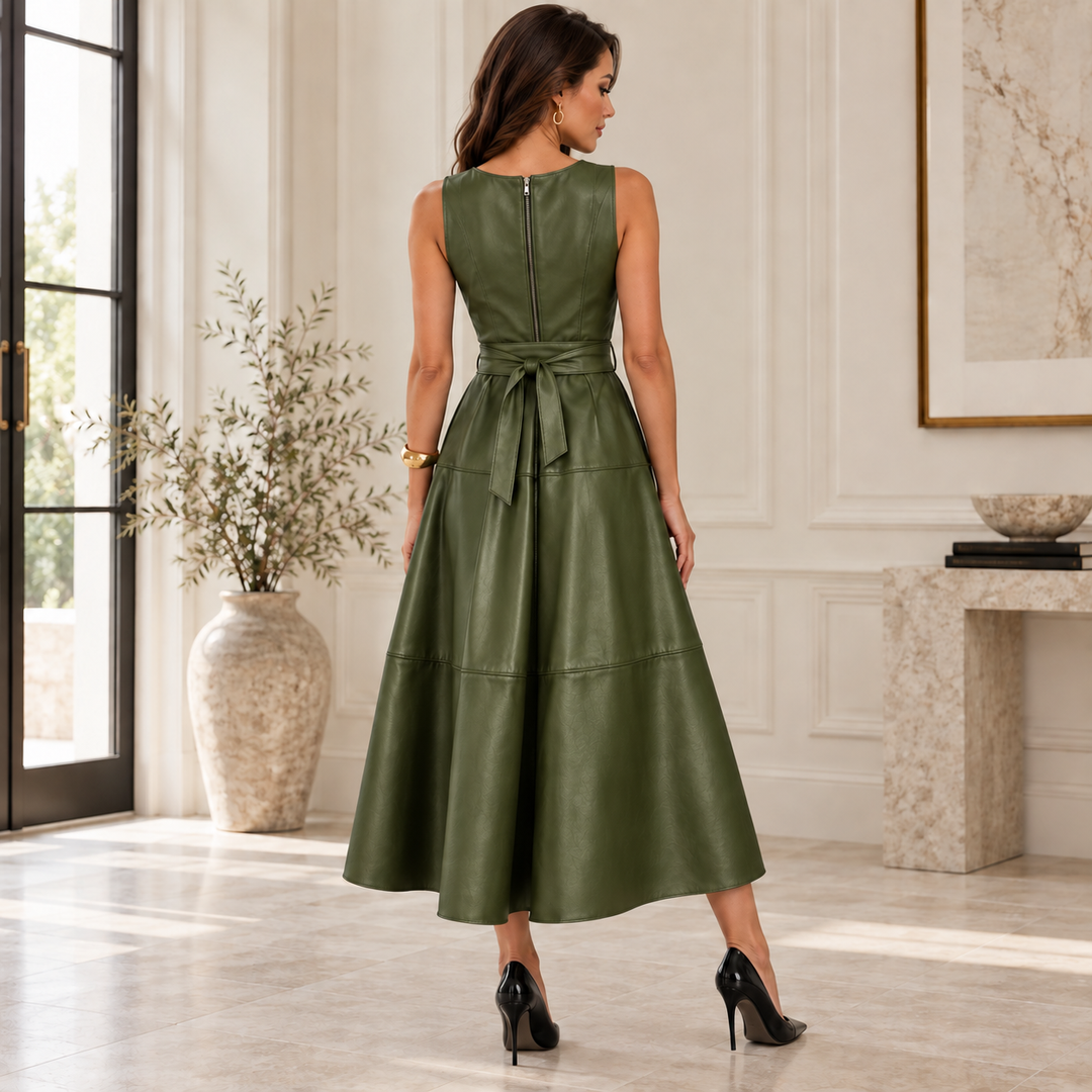 Delphine Belted Faux Leather Midi Dress