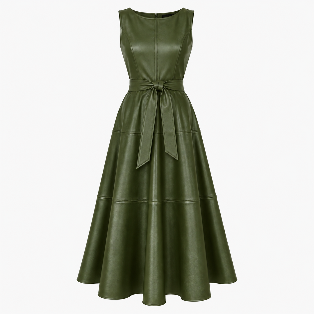 Delphine Belted Faux Leather Midi Dress