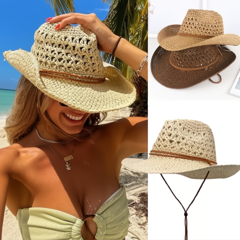 Woman on a beach wearing a straw hat with a close-up of the hat on a white background.