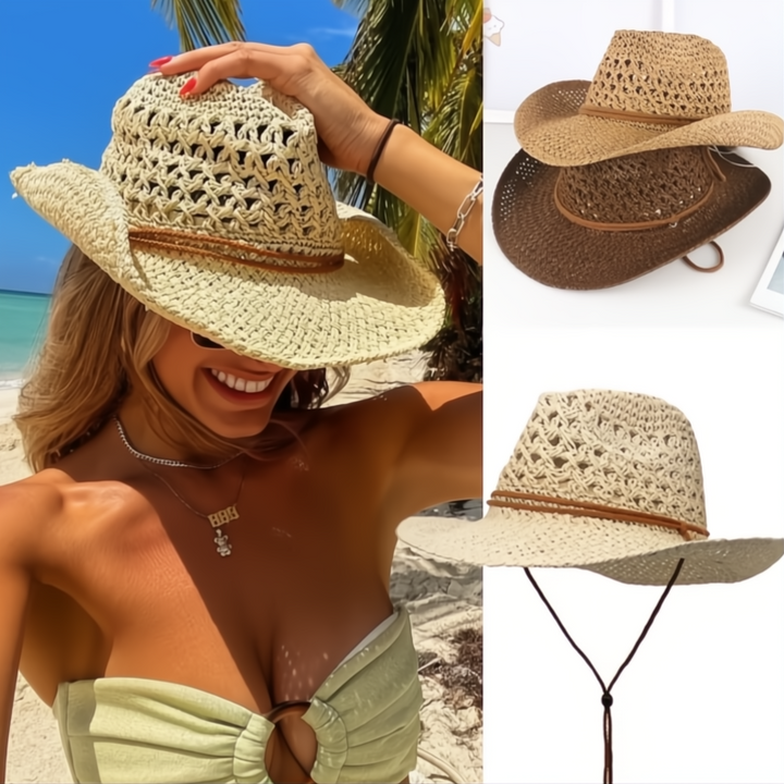 Woman on a beach wearing a straw hat with a close-up of the hat on a white background.