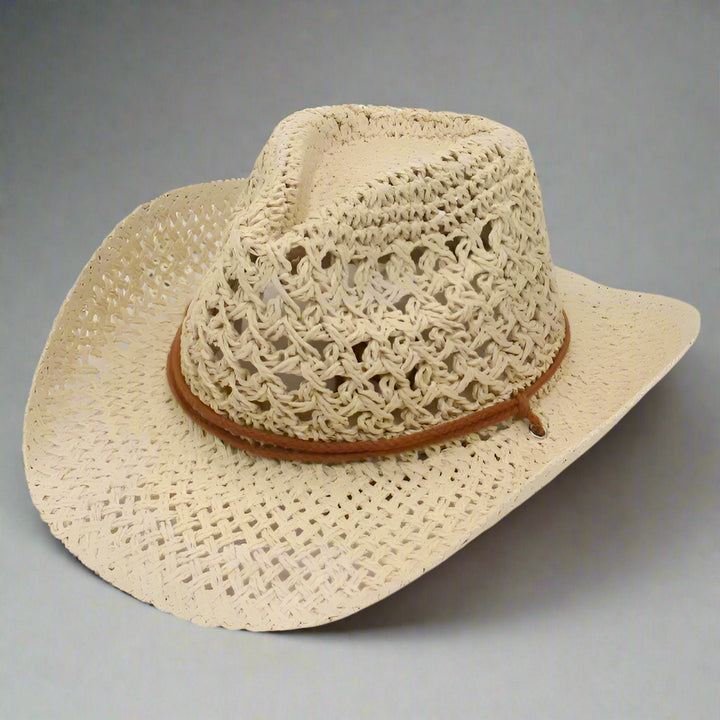 Beige woven hat with a brown band on a white background