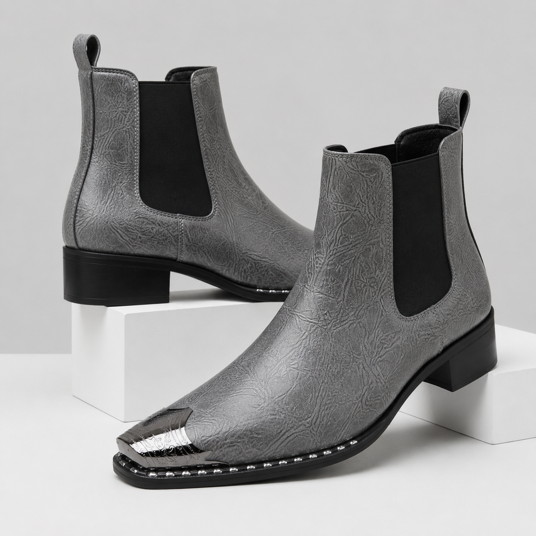 Gray Ryder men's metal-toe boots, pair, angled view