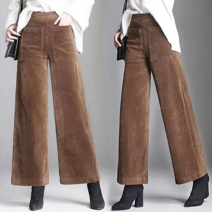 Brown wide-leg pants worn by a person on a gray background