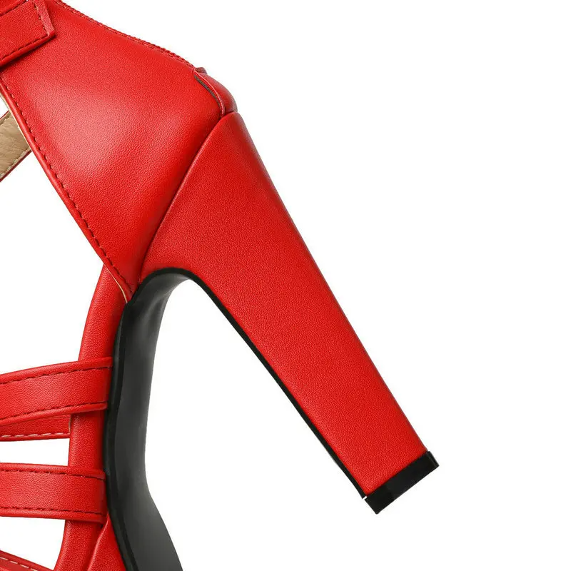 Red high-heeled shoe with a black sole on a white background