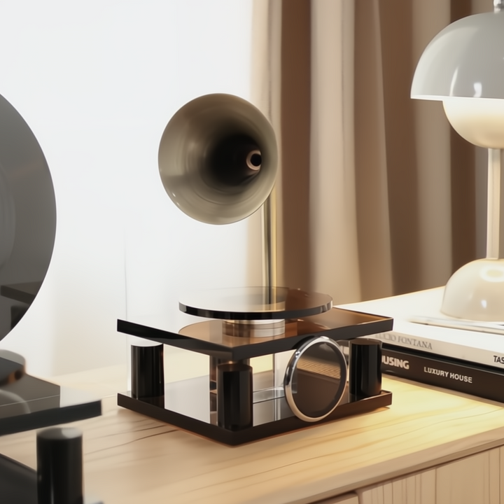 Modern decorative object on a wooden surface with books and a lamp in the background