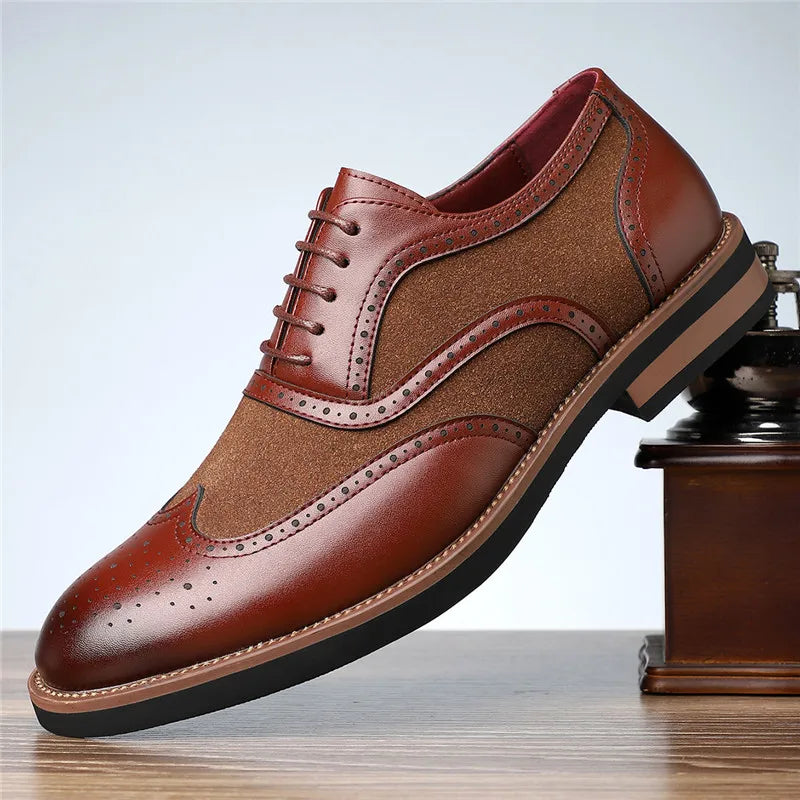 Brown leather dress shoe on a light gray background