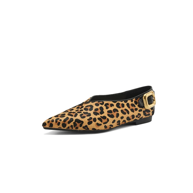 Leopard print flat shoe with a gold buckle on a white background