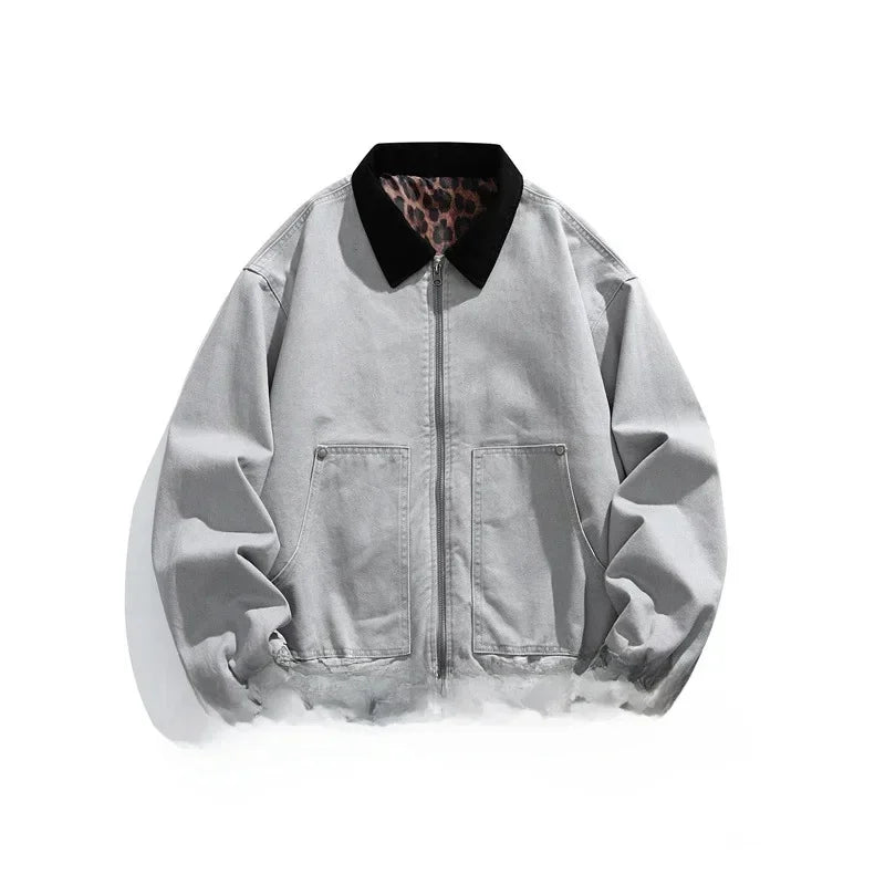 Light gray jacket with a leopard print collar on a white background