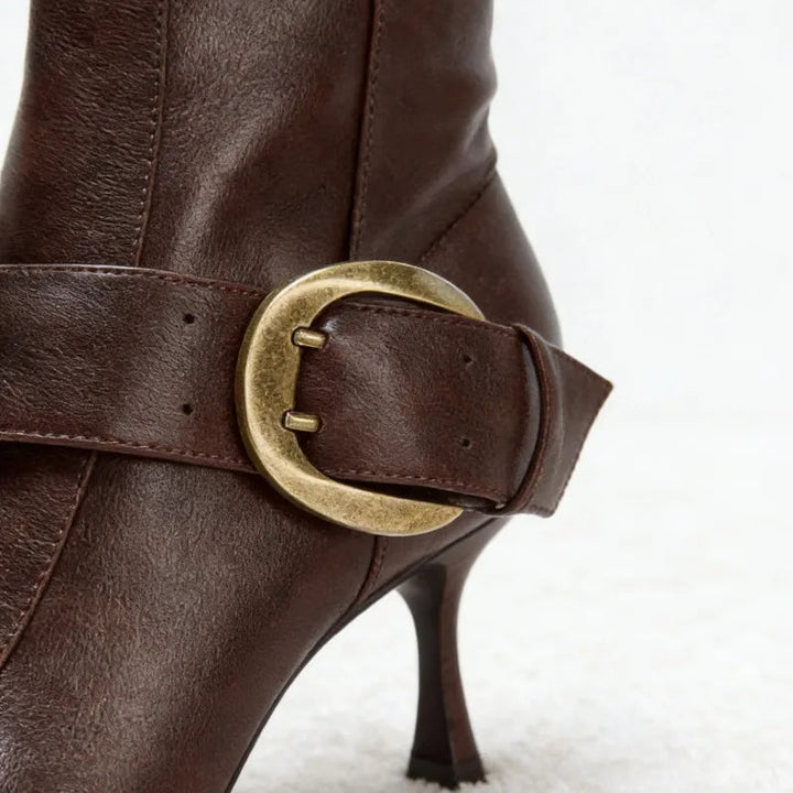 Gold Buckle Leather Knee high Boot - London Lake