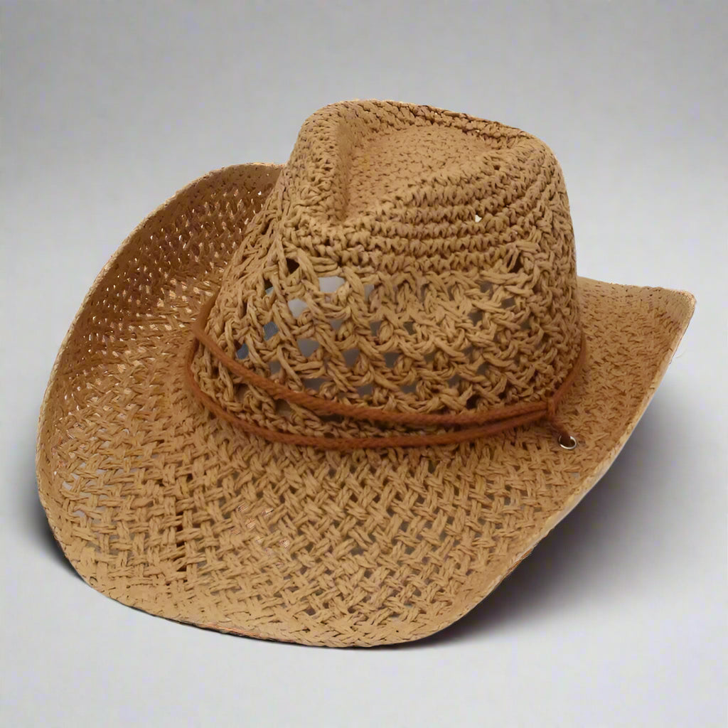 Brown straw hat with a wide brim on a white background