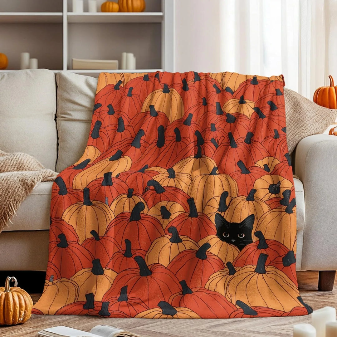 Decorative blanket with pumpkin pattern draped over a couch in a living room.