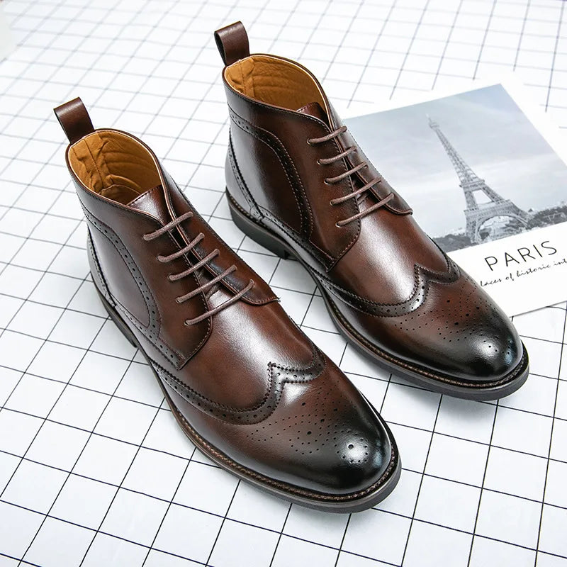 Brown leather dress shoes on a grid background with a magazine featuring the Eiffel Tower.